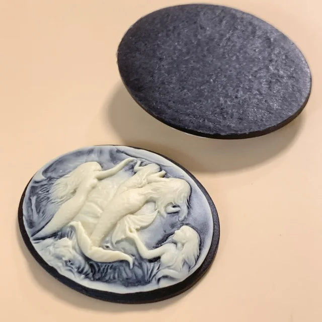 Acrylic Cameo Swimming Mermaids Ivory on Black 40x30mm