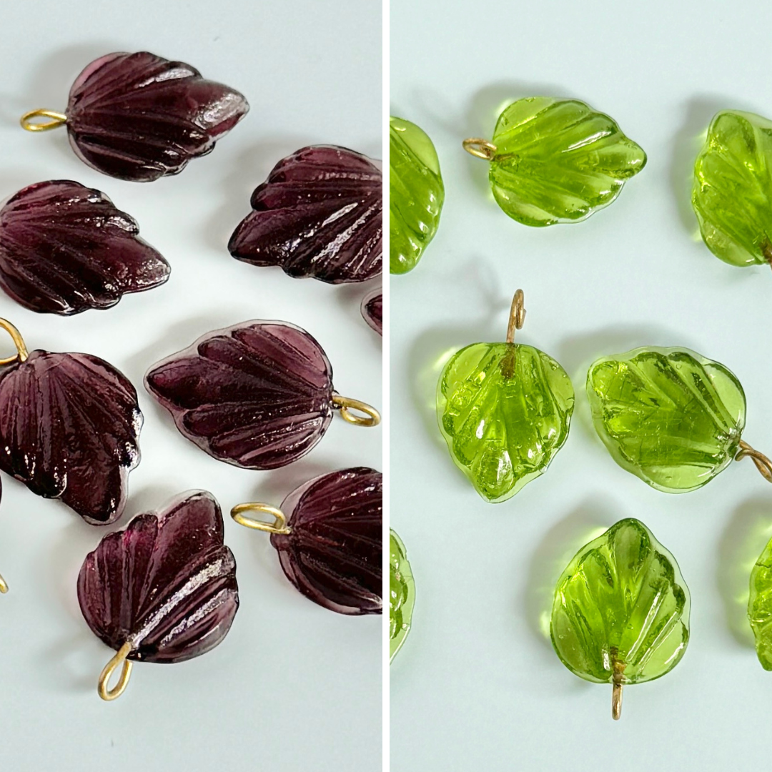 Glass Leaf with Brass Loop 15x12mm【2pcs】【Amethyst or Olive】