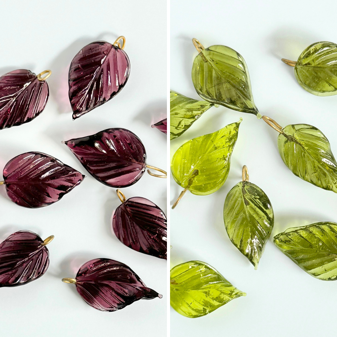 Glass Leaf with Brass Loop 24x14mm【2pcs】【Amethyst or Olive】