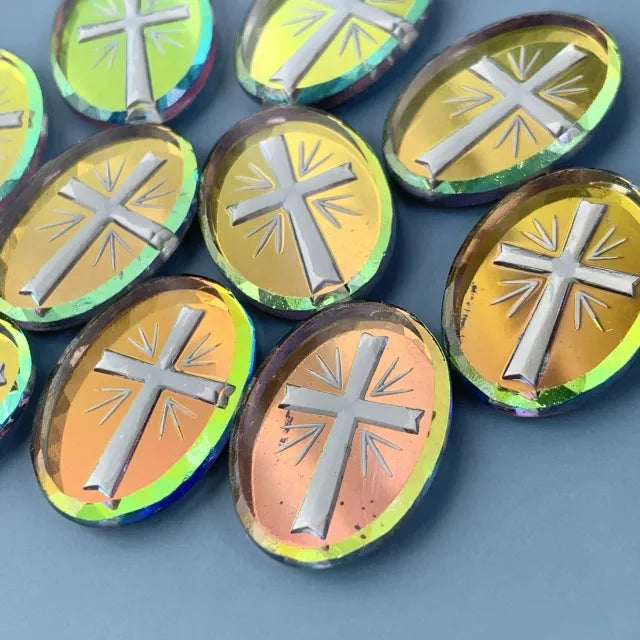 Czech Vintage Glass Intaglio Cross Vitrail Medium 25×18mm