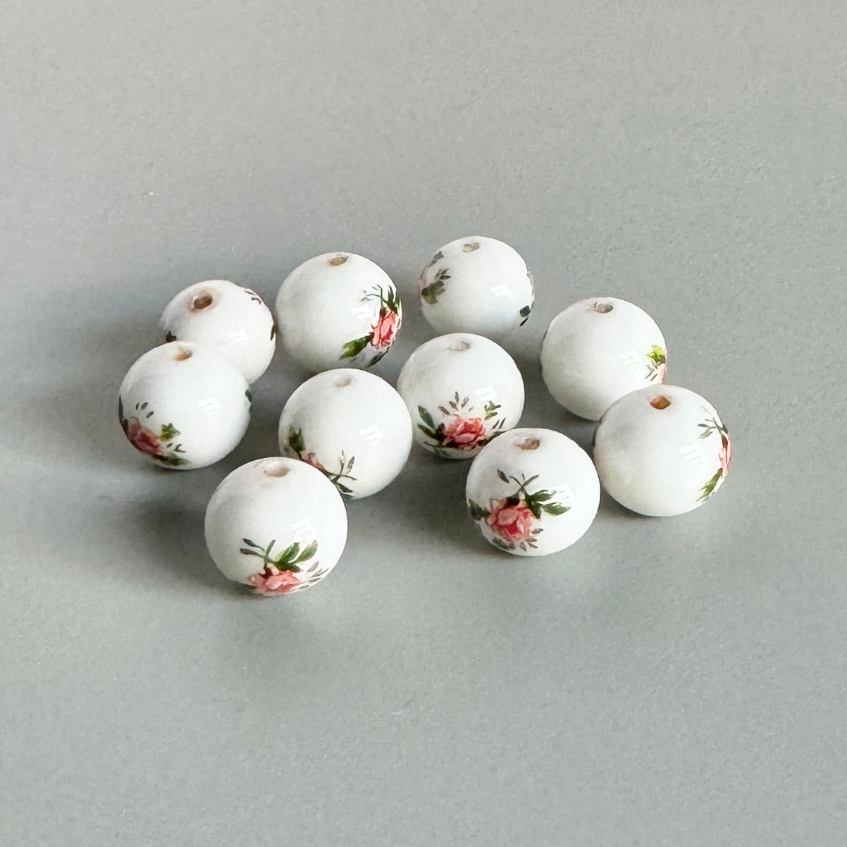 Japan Vintage Decal Flower Rose Glass Beads 7-8mm 2pcs