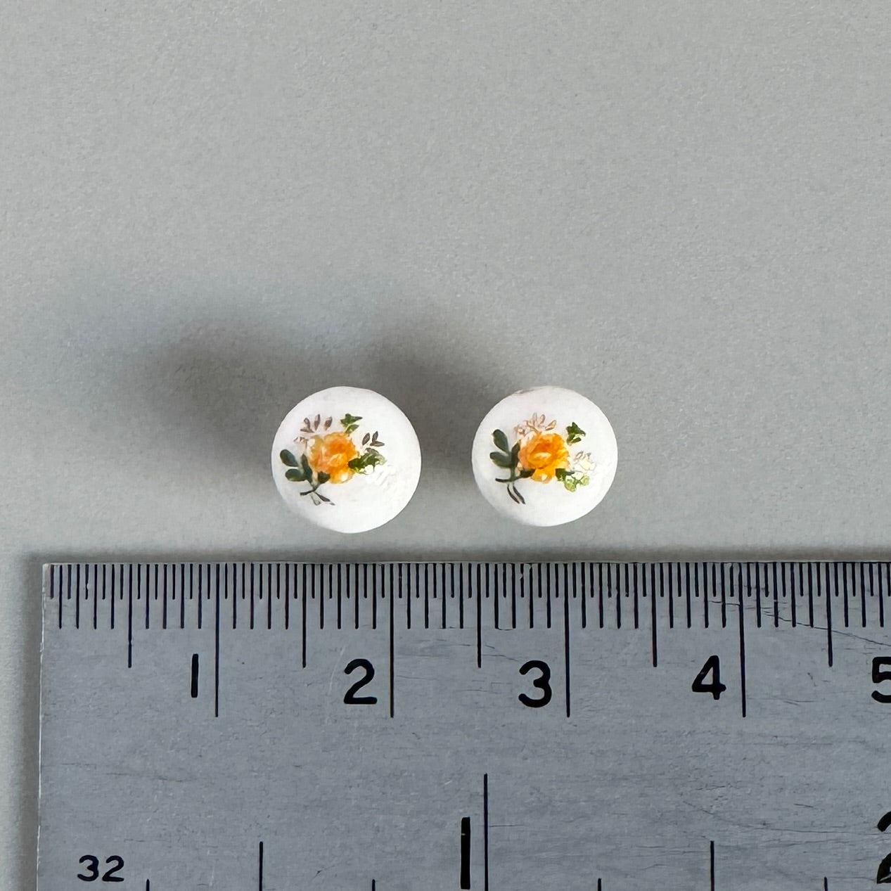 Japan Vintage Decal Flower Rose Glass Beads 7-8mm 2pcs