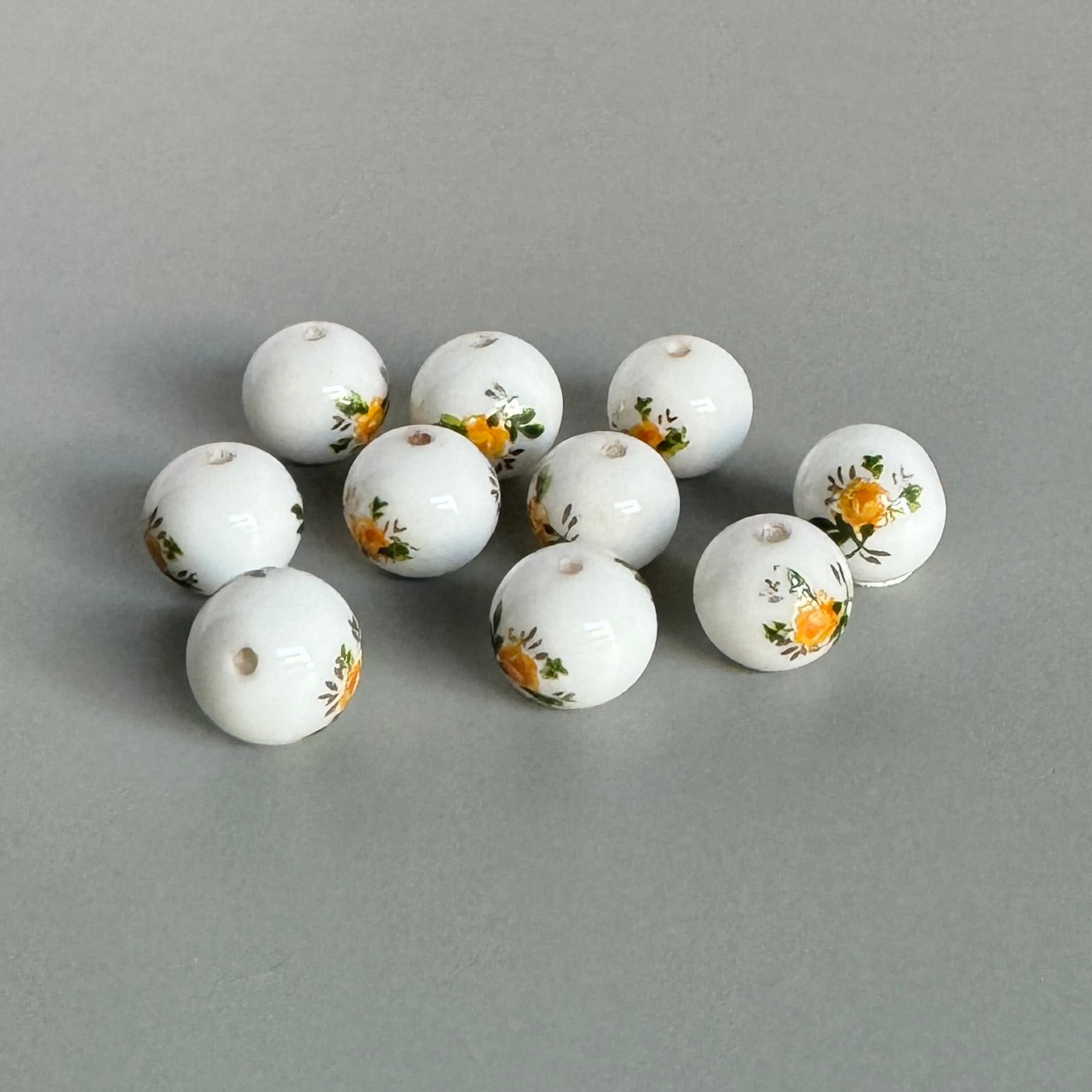 Japan Vintage Decal Flower Rose Glass Beads 7-8mm 2pcs