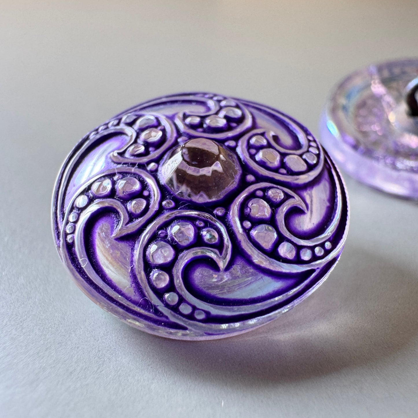 Czech Glass Button Scroll Purple/Silver 18mm