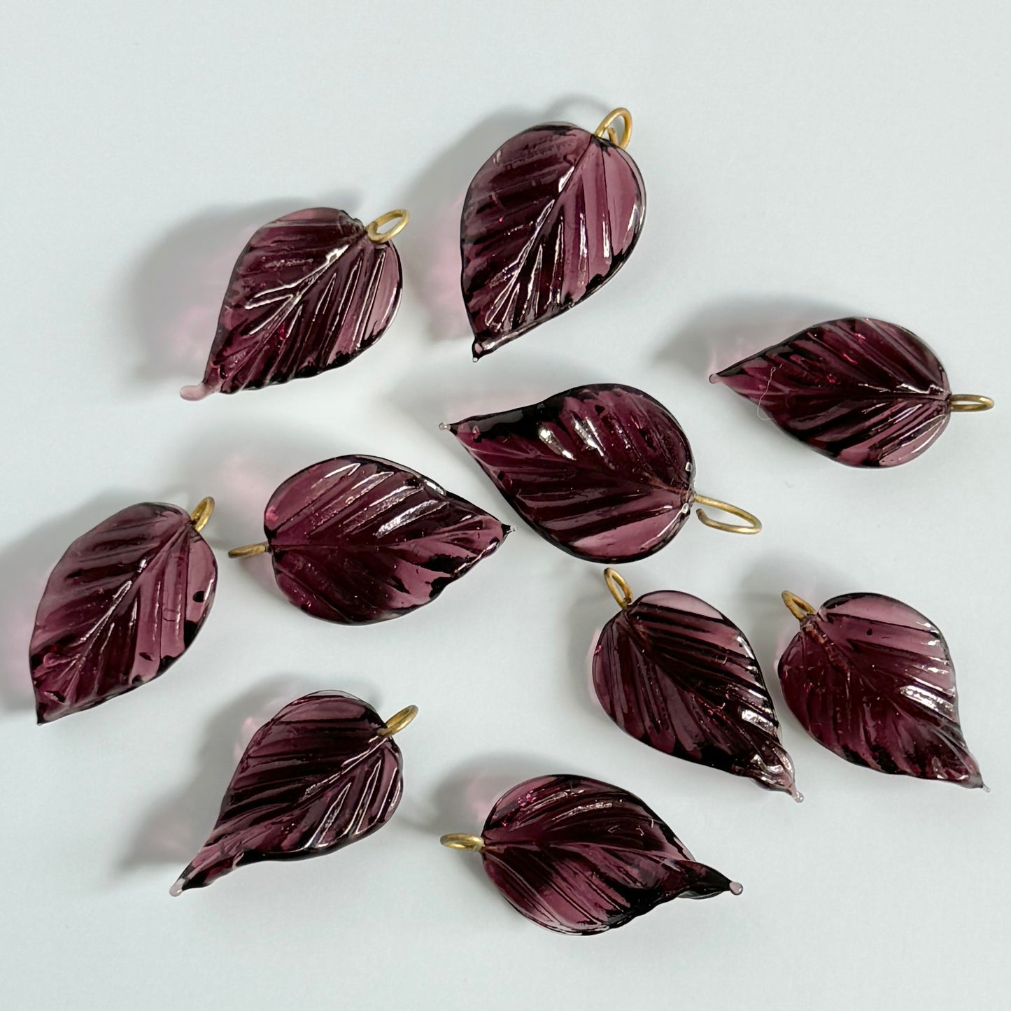 Glass Leaf with Brass Loop 24x14mm【2pcs】【Amethyst or Olive】