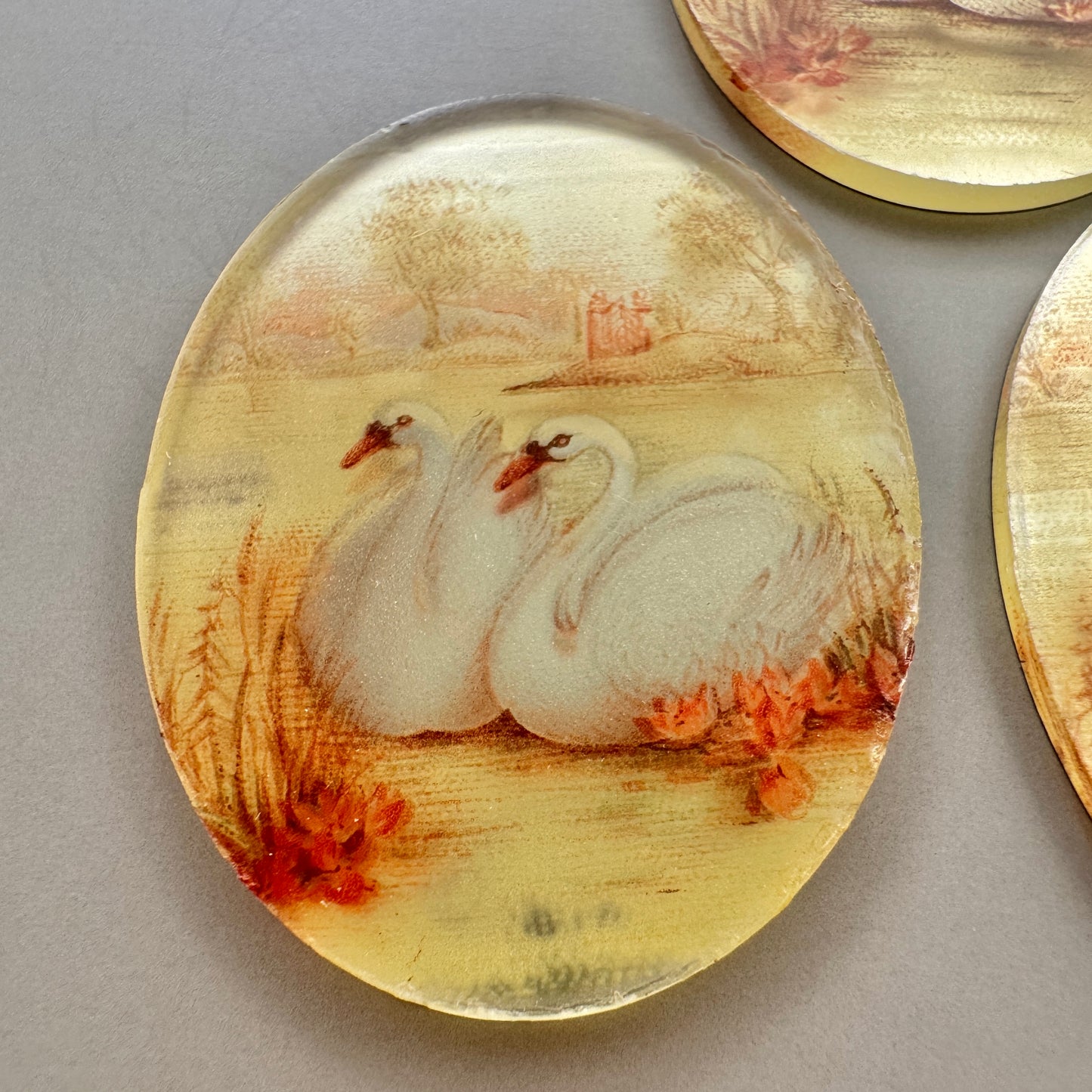German Vintage Mirror Glass Decal Swan Picture Cameo 40x30mm