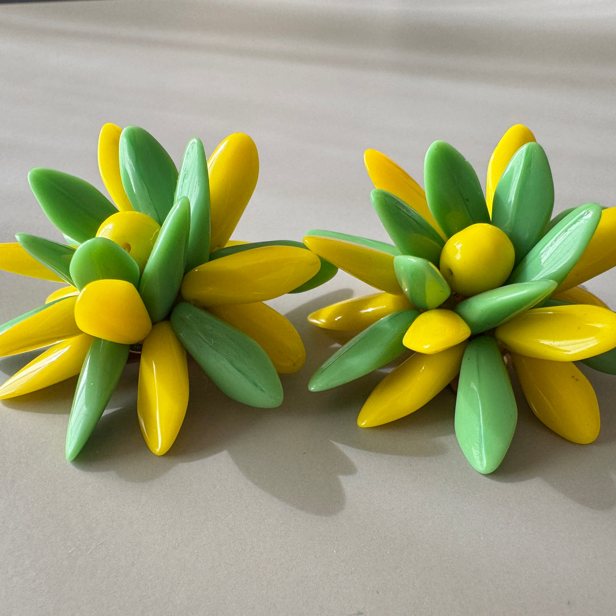Czech Vintage Glass Flower Clip Earrings Green Yellow