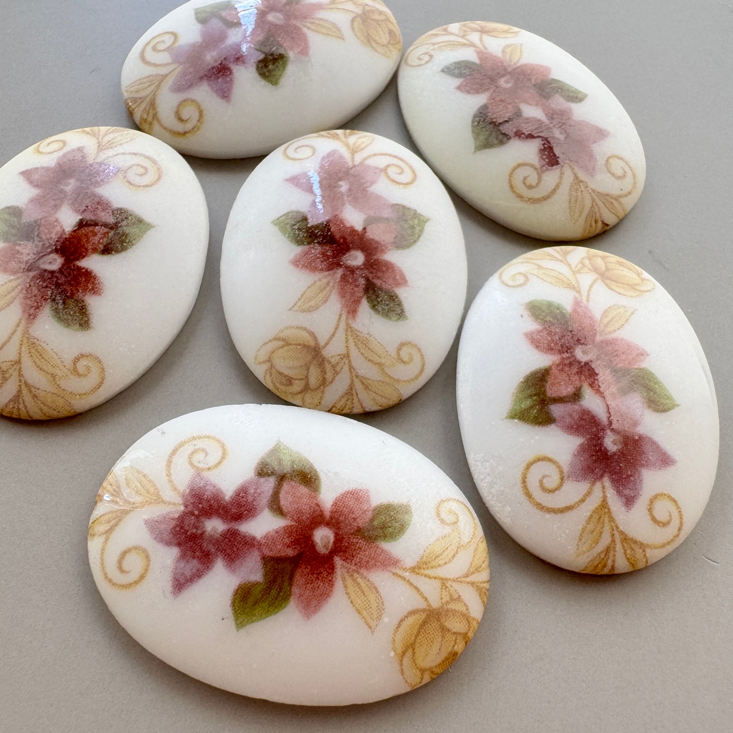 German Vintage Glass Decal Cabochon Brown/Purple Flowers Oval 30x22mm