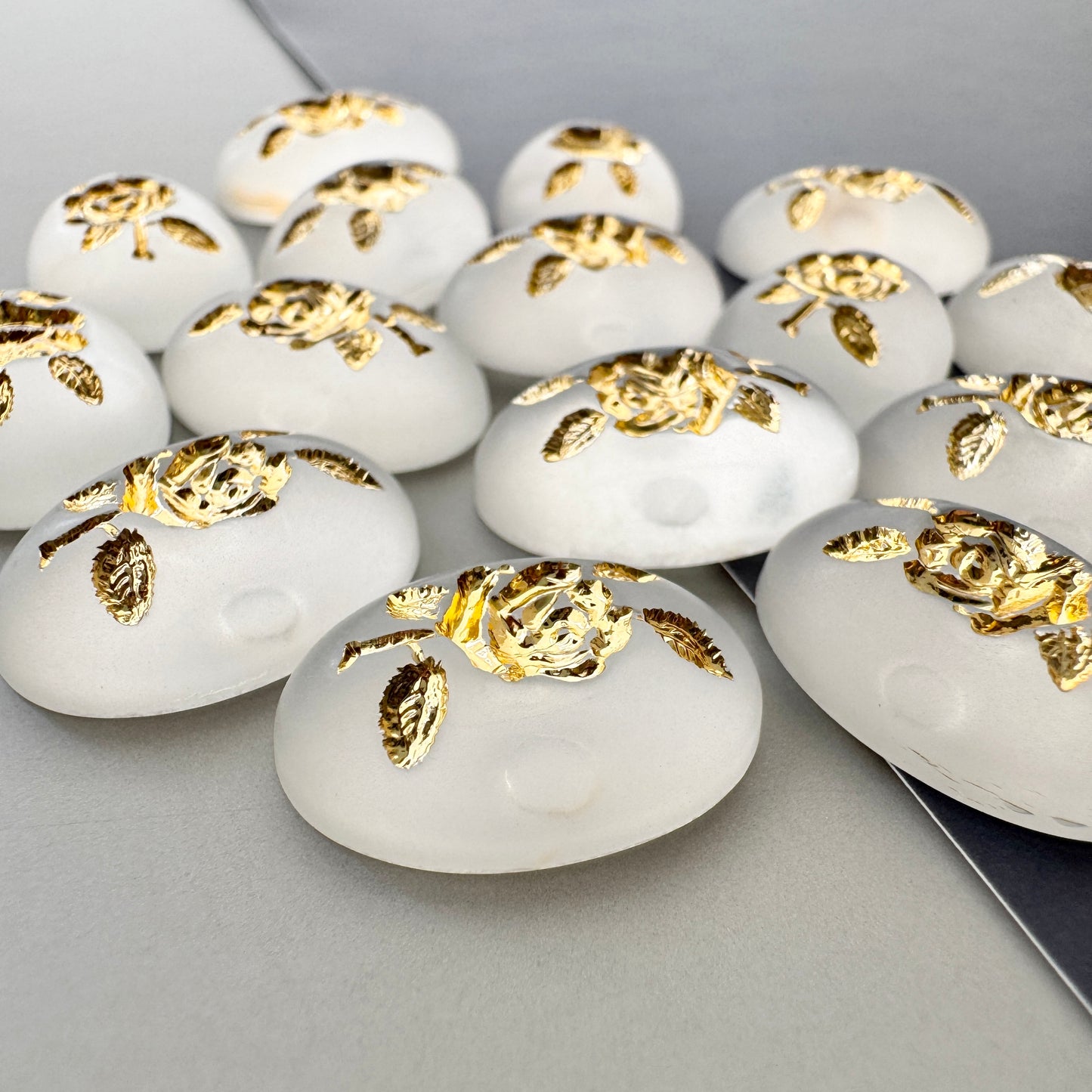 German Vintage Plastic Cabochon Intaglio Rose Matte Crystal/Gold 18x13mm