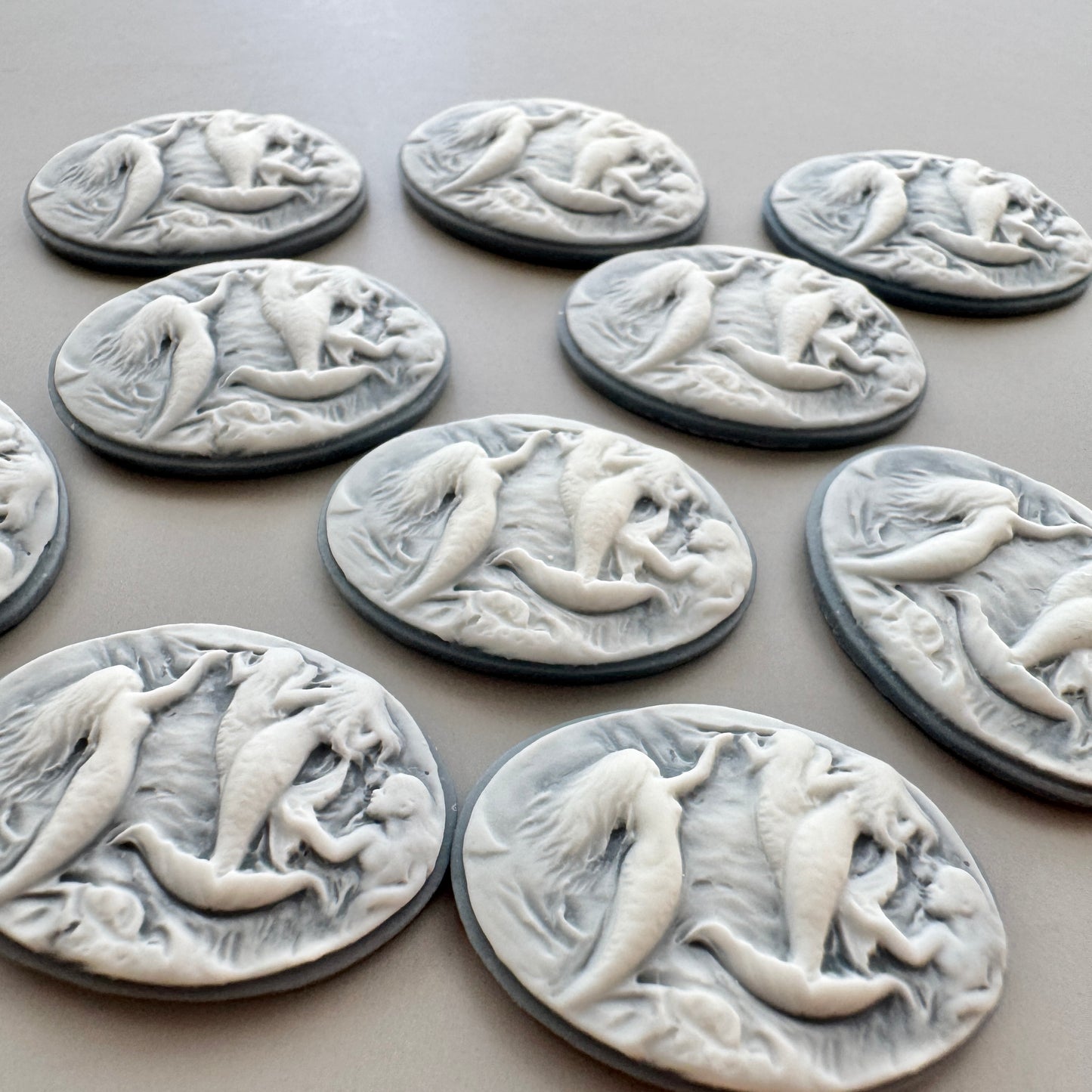 Plastic Cameo Mermaids Swimming Oval Blue Grey 18x25mm