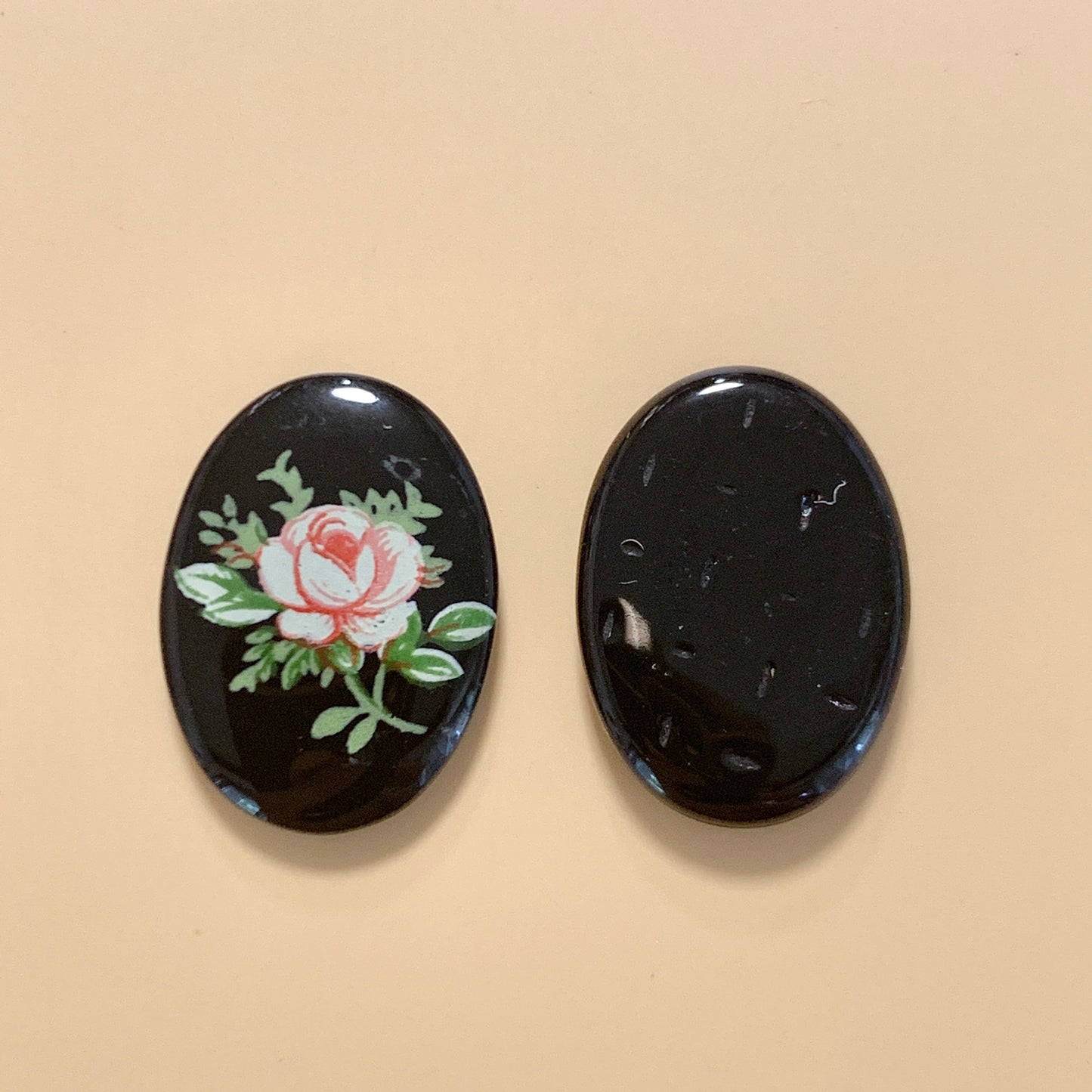 Japan Vintage Glass Black/Pink Flower 18×13mm