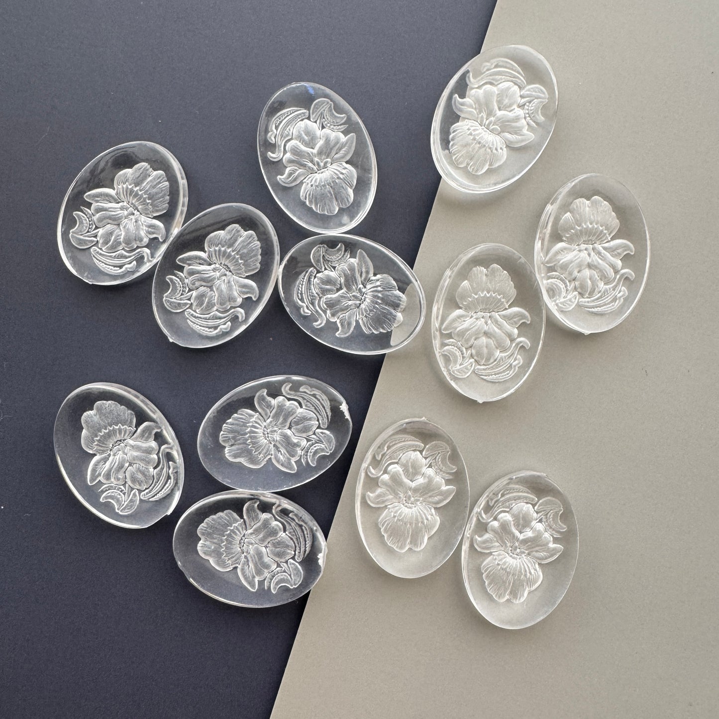 German Vintage Plastic Intaglio Cabochon Orchid Oval 18x13mm