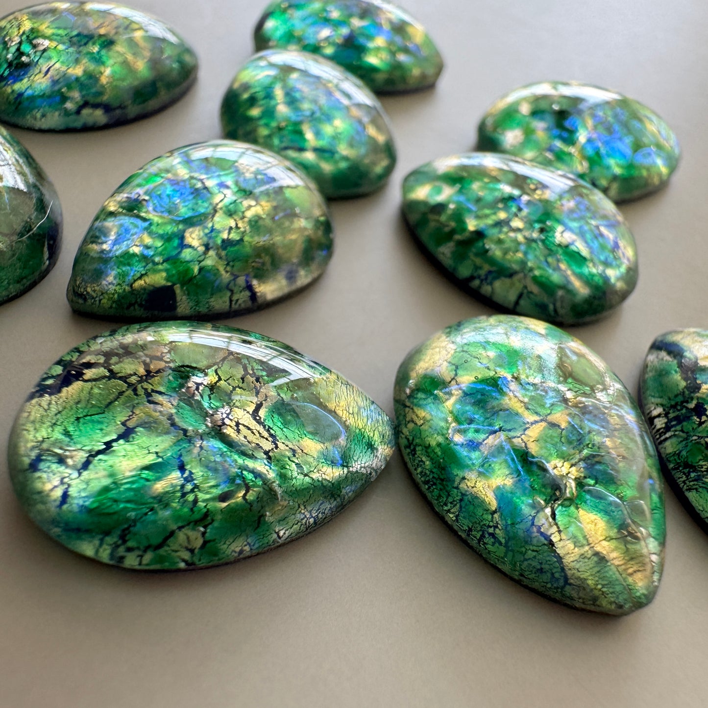 Czech Vintage Glass Fire Opal Cabochon Pearshape Green 18x13mm