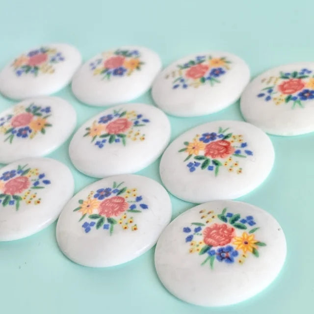 Japan Vintage Flower Decal Glass Cabochon Round 18mm