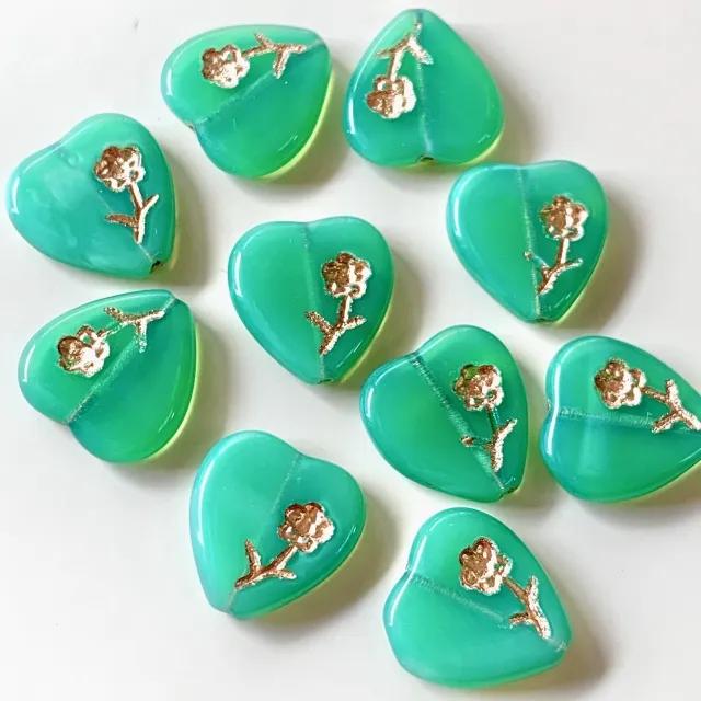 Czech Pressed Floral Flat Heart 17x16mm【2 pcs】