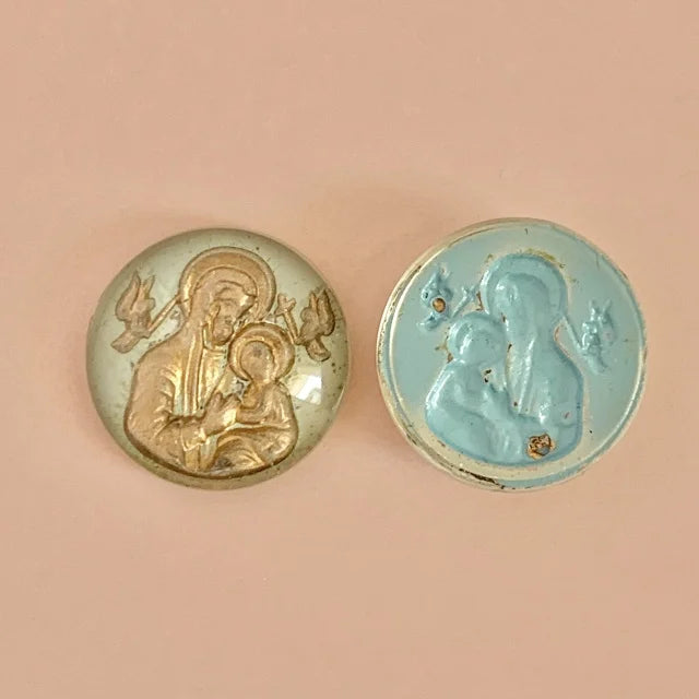 Czech Vintage Glass Intaglio Religious Light Blue Round 15mm