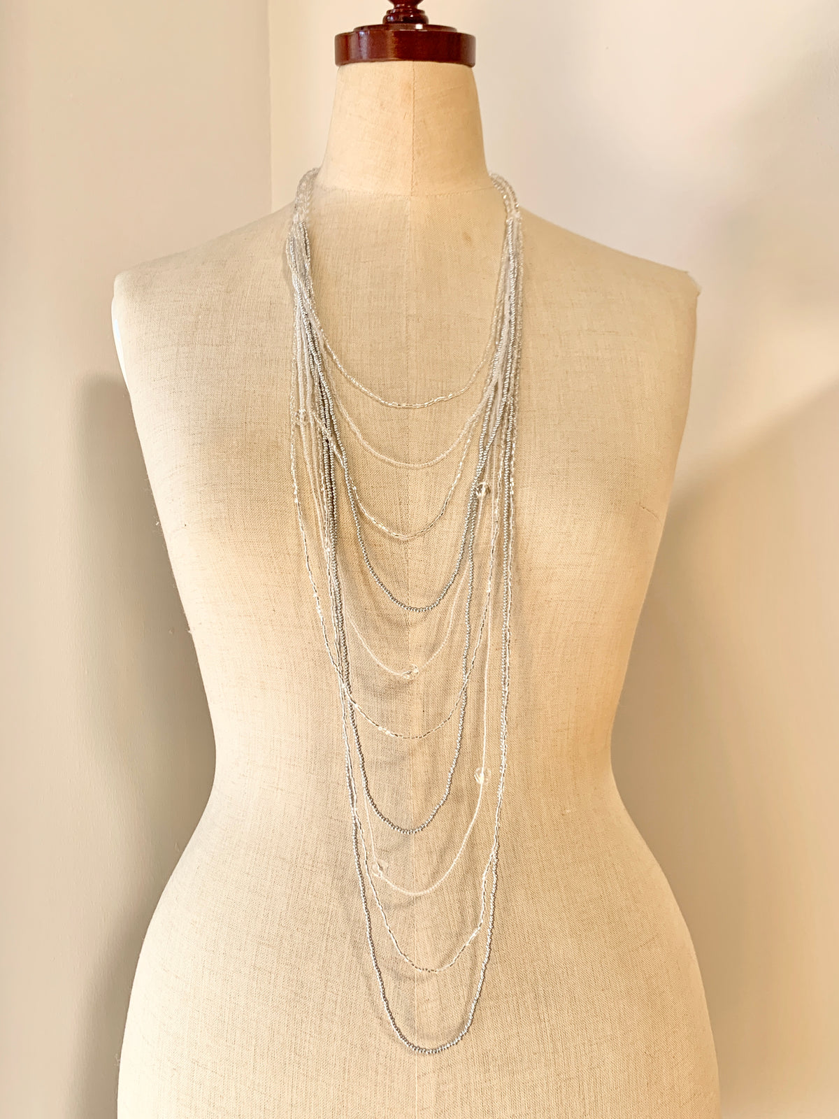 Preciosa Glass Long Multi Strand Necklace Silver/Clear