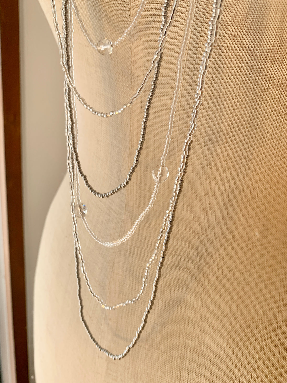 Preciosa Glass Long Multi Strand Necklace Silver/Clear