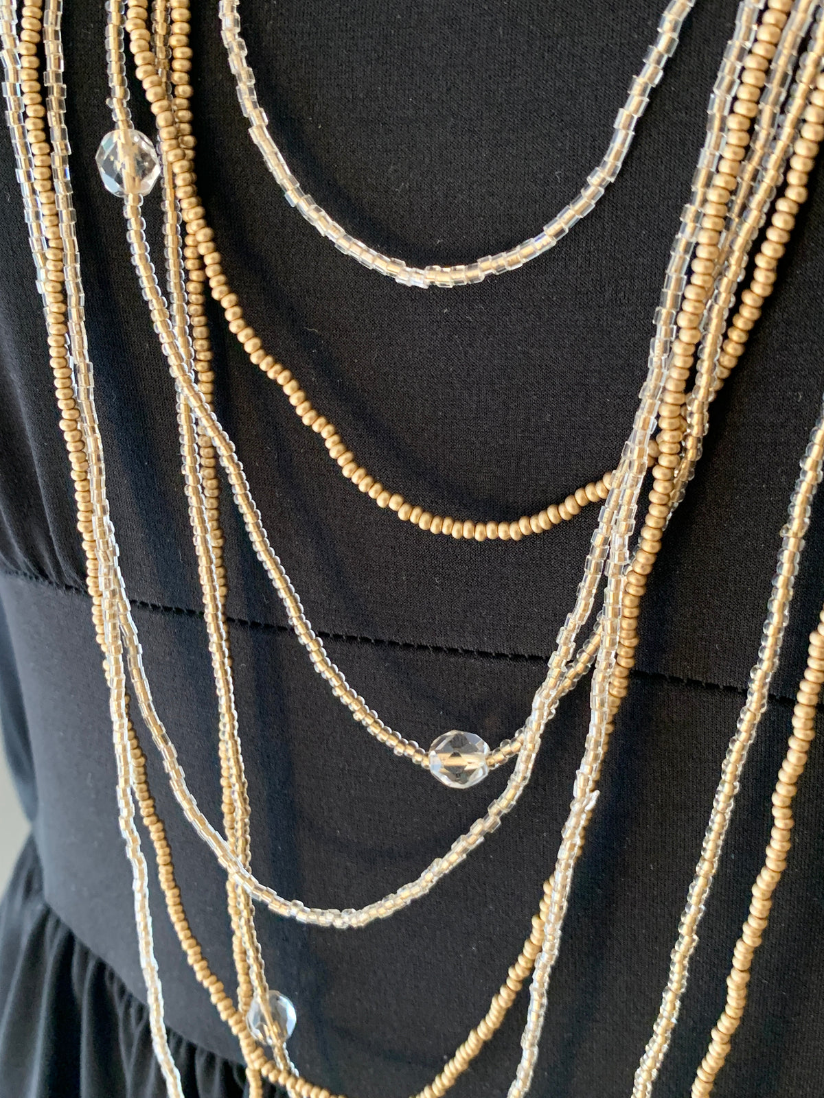 Preciosa Glass Long Multi Strand Necklace Gold/Clear