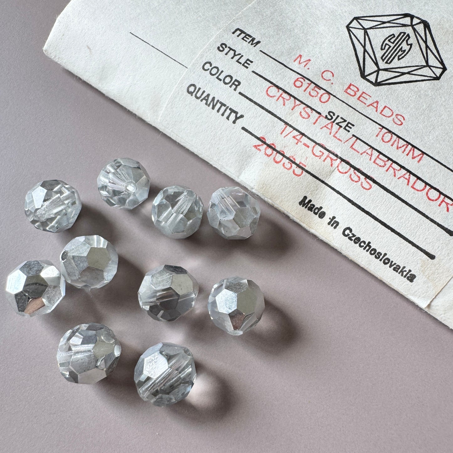 Czech Vintage Machine Cut Glass Beads Crystal/Labrador 10mm【2 pcs】
