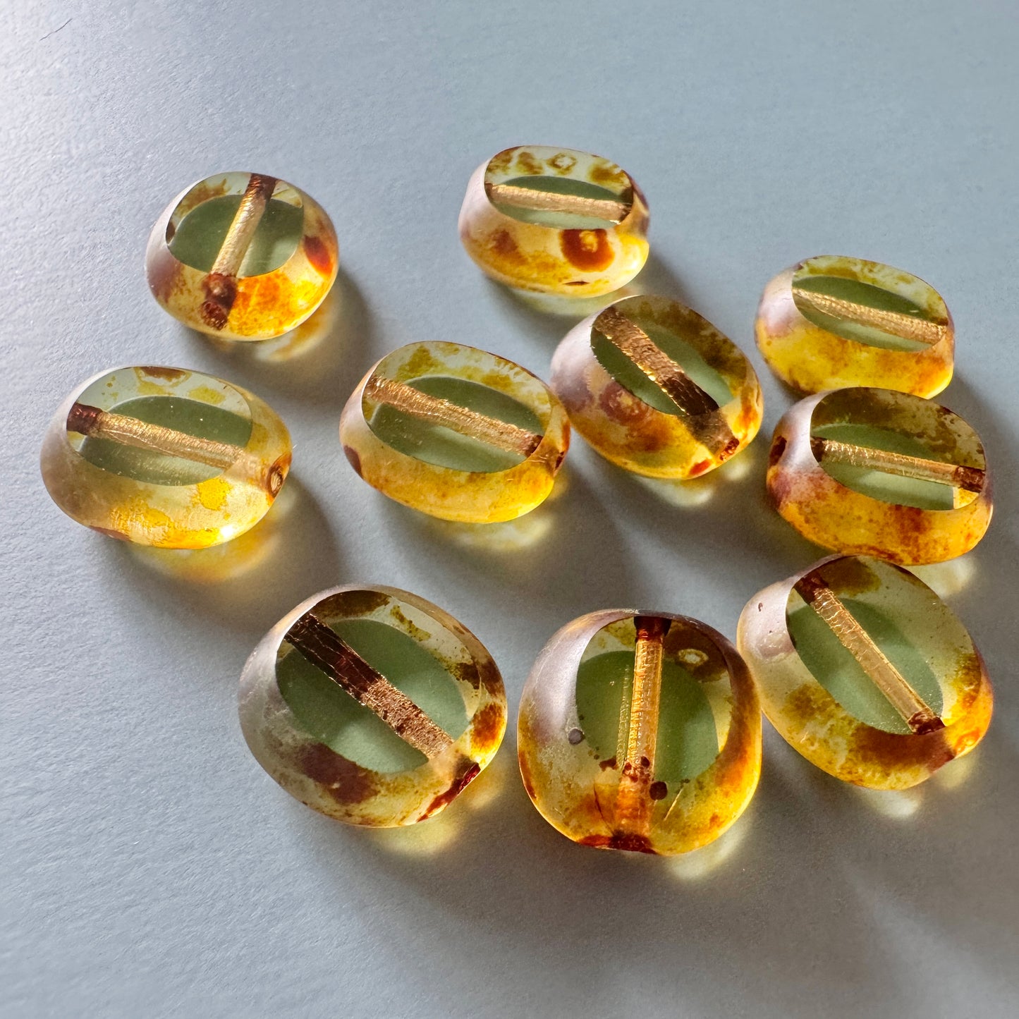 Czech Pressed Vaseline Window Flat Oval Beads 10x9mm 【2 pcs】