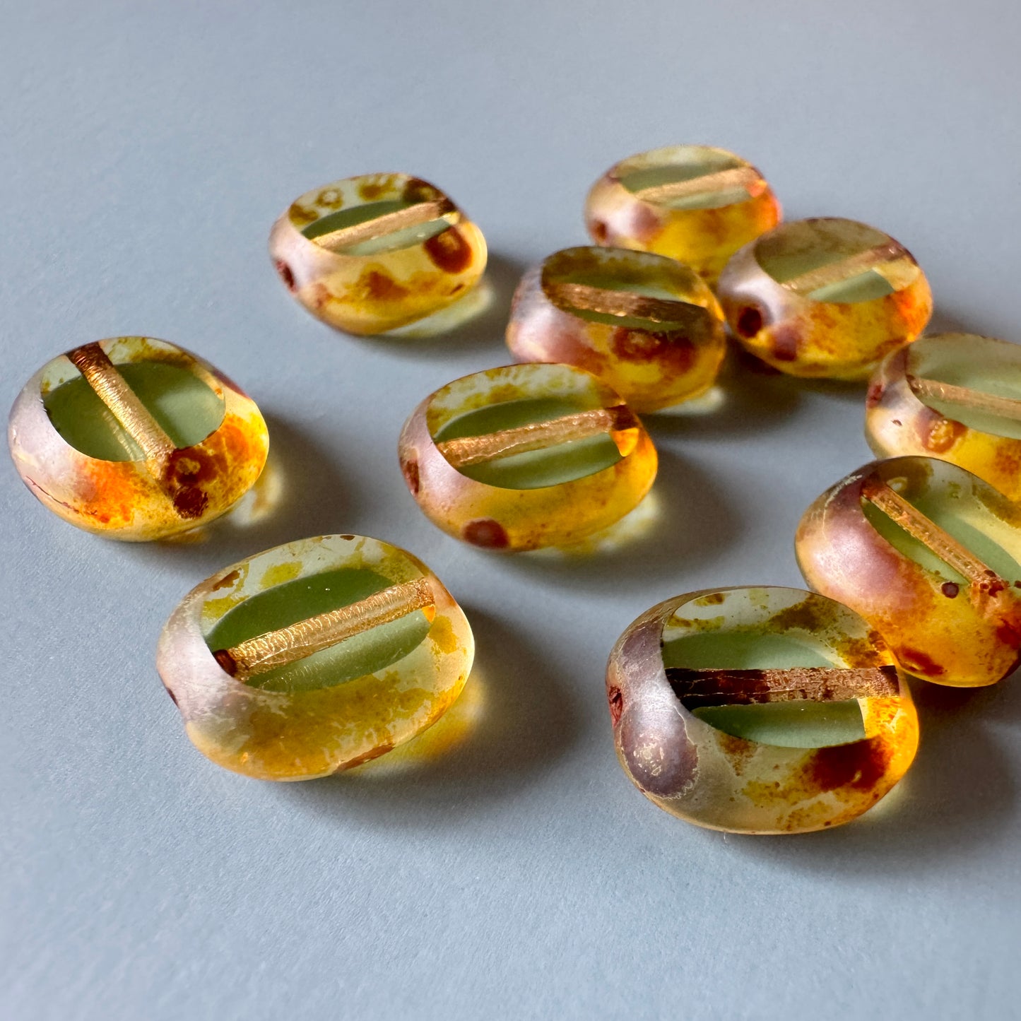 Czech Pressed Vaseline Window Flat Oval Beads 10x9mm 【2 pcs】
