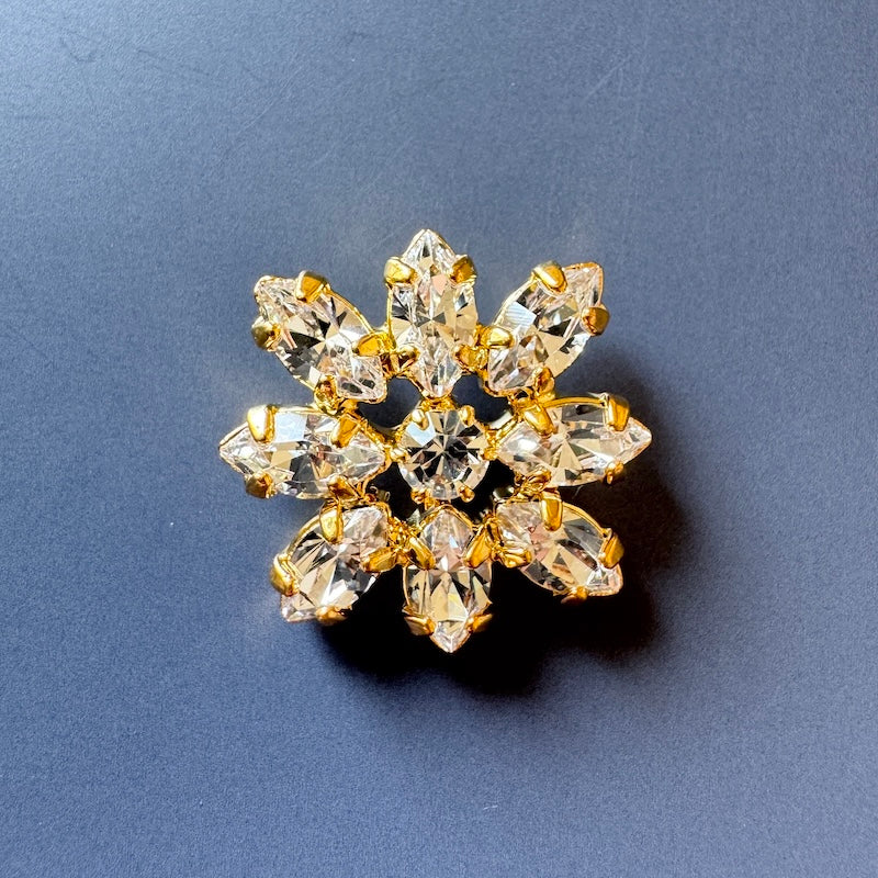 Czech Glass Rhinestone Button Flower Crystal/Gold 23mm