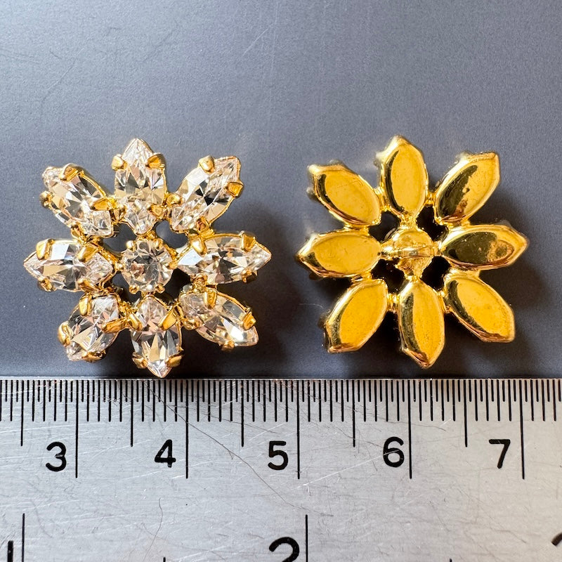 Czech Glass Rhinestone Button Flower Crystal/Gold 23mm