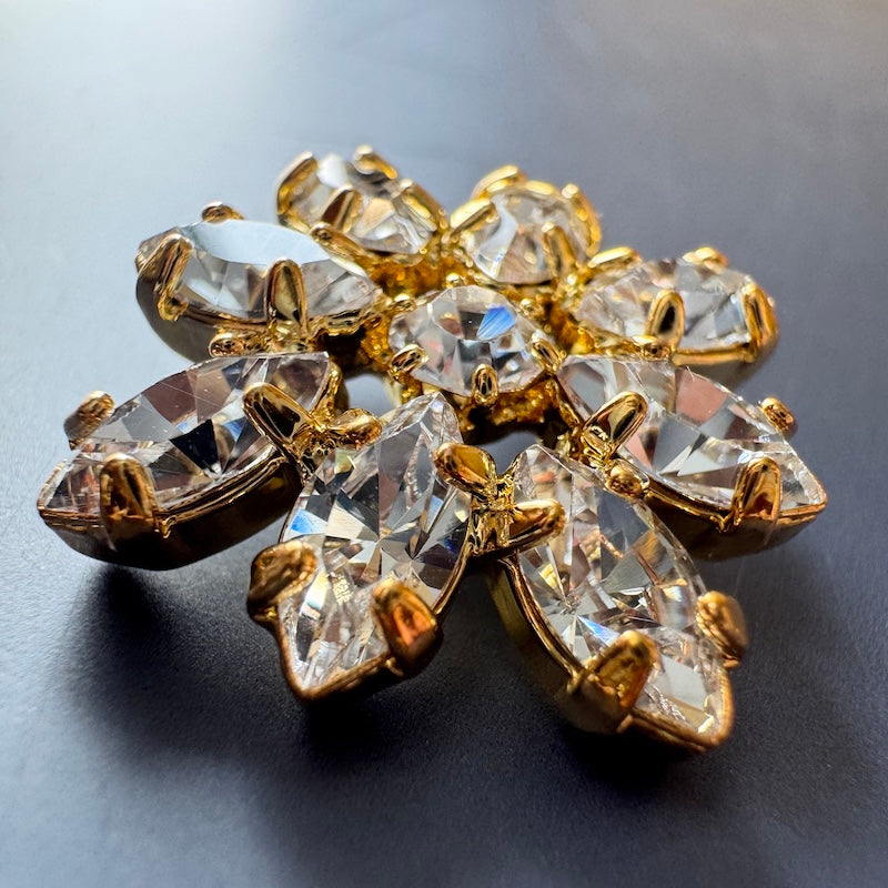 Czech Glass Rhinestone Button Flower Crystal/Gold 23mm