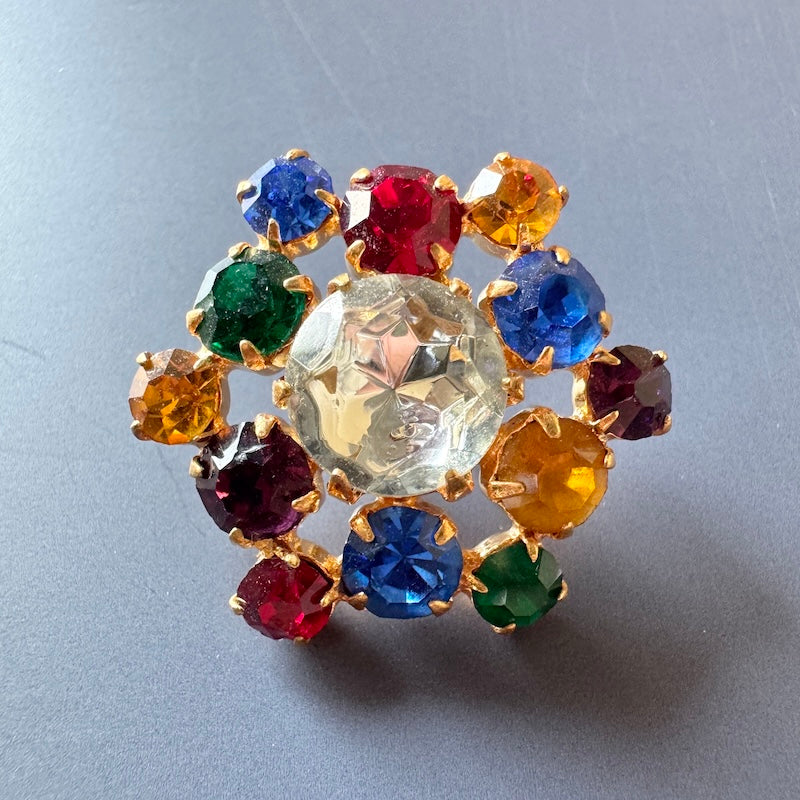 Czech Glass Rhinestone Button Multicolor/Gold 25mm