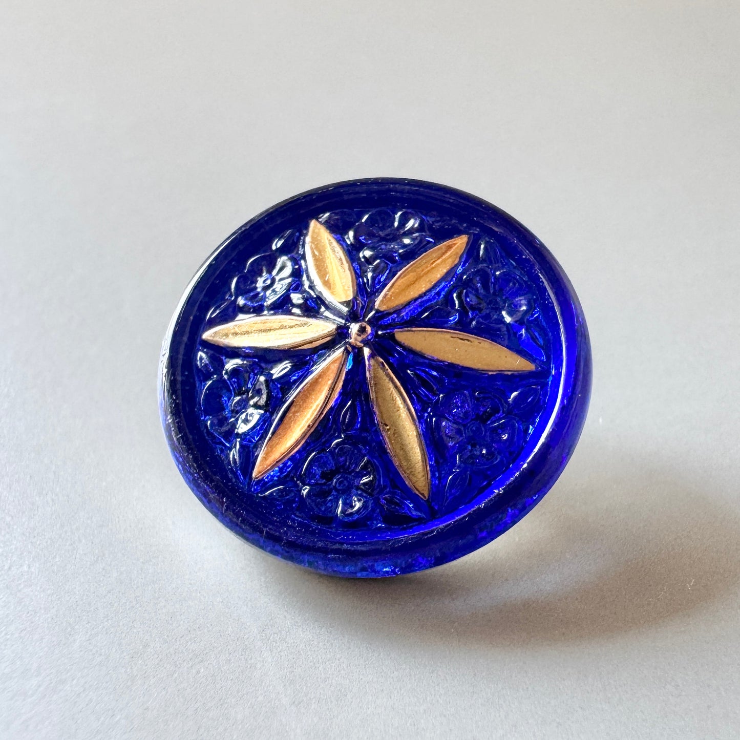 Czech Glass Button Flower Cobalt Blue/Gold 18mm