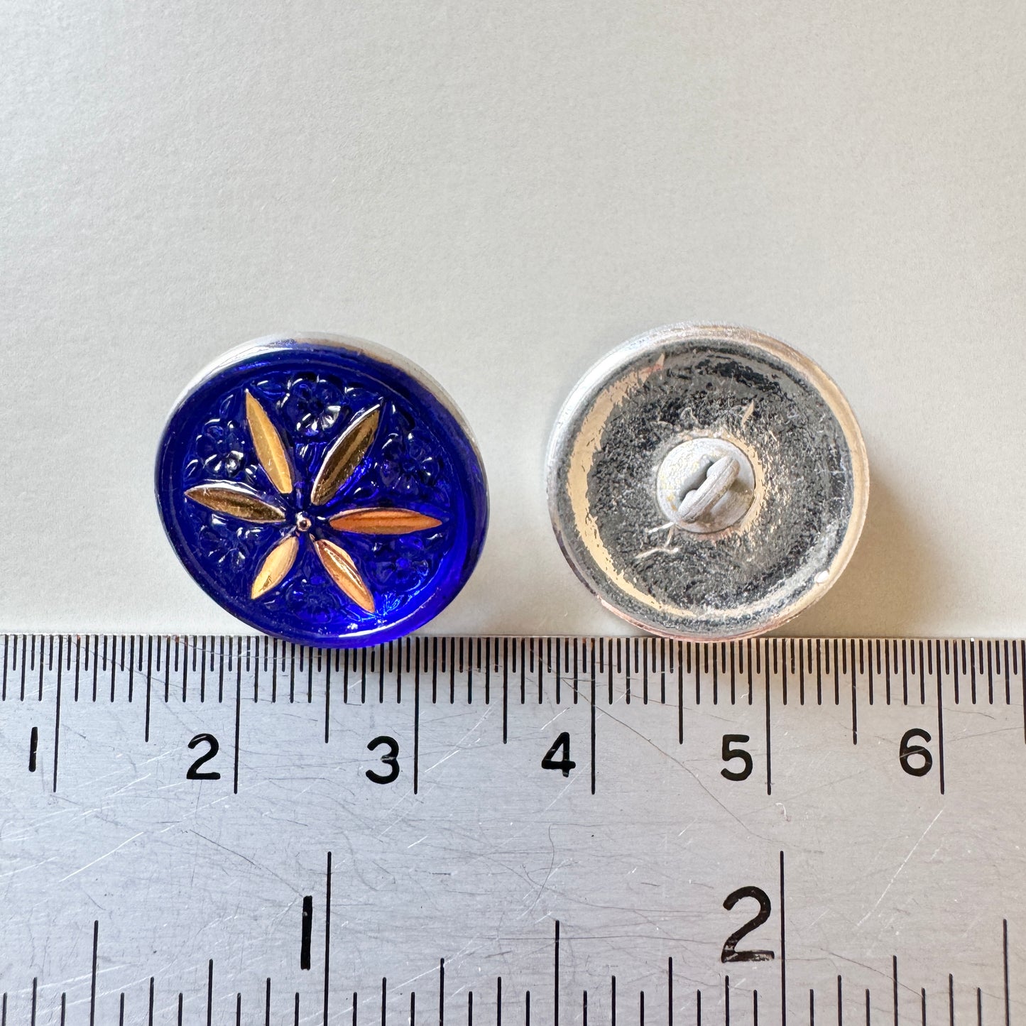 Czech Glass Button Flower Cobalt Blue/Gold 18mm