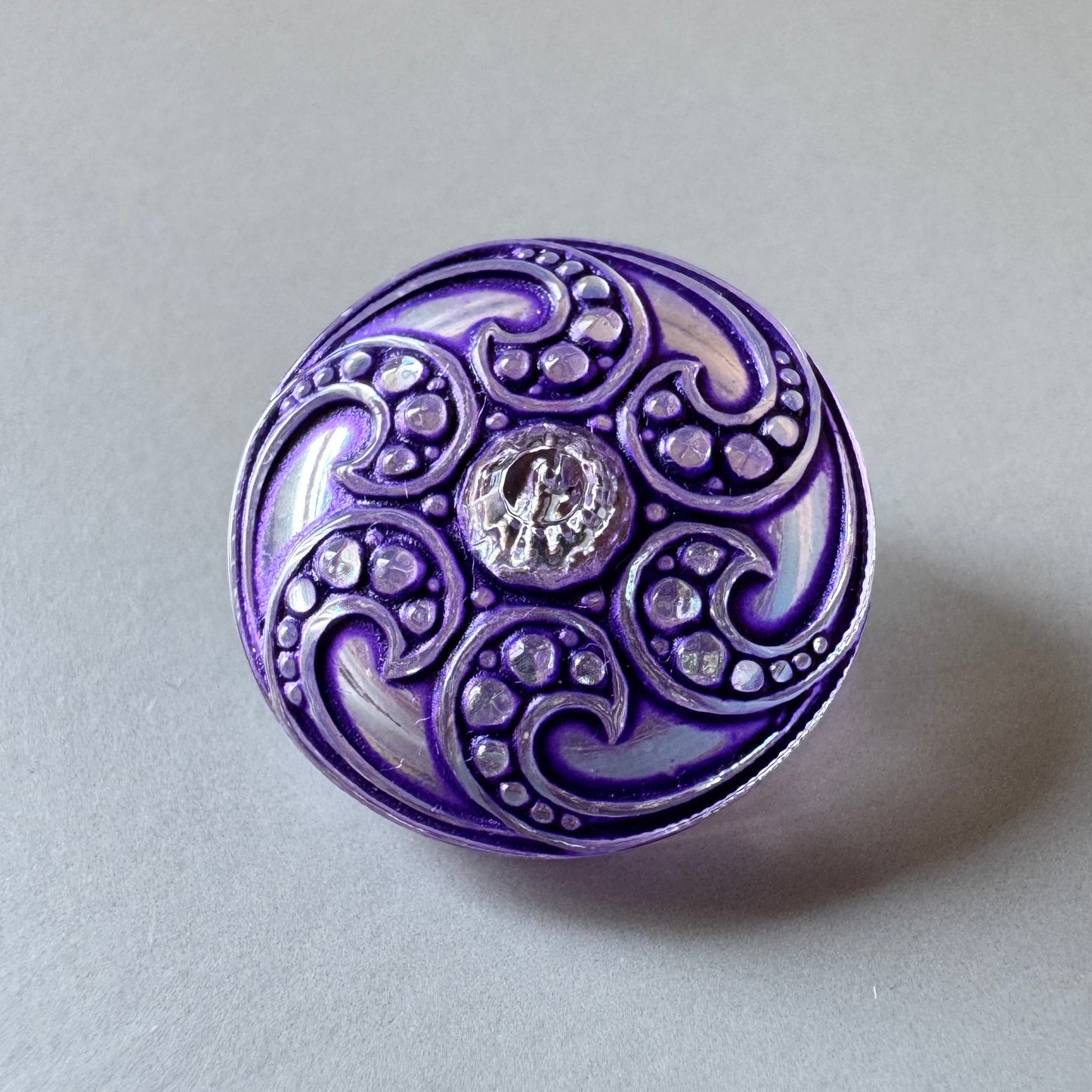 Czech Glass Button Scroll Purple/Silver 18mm