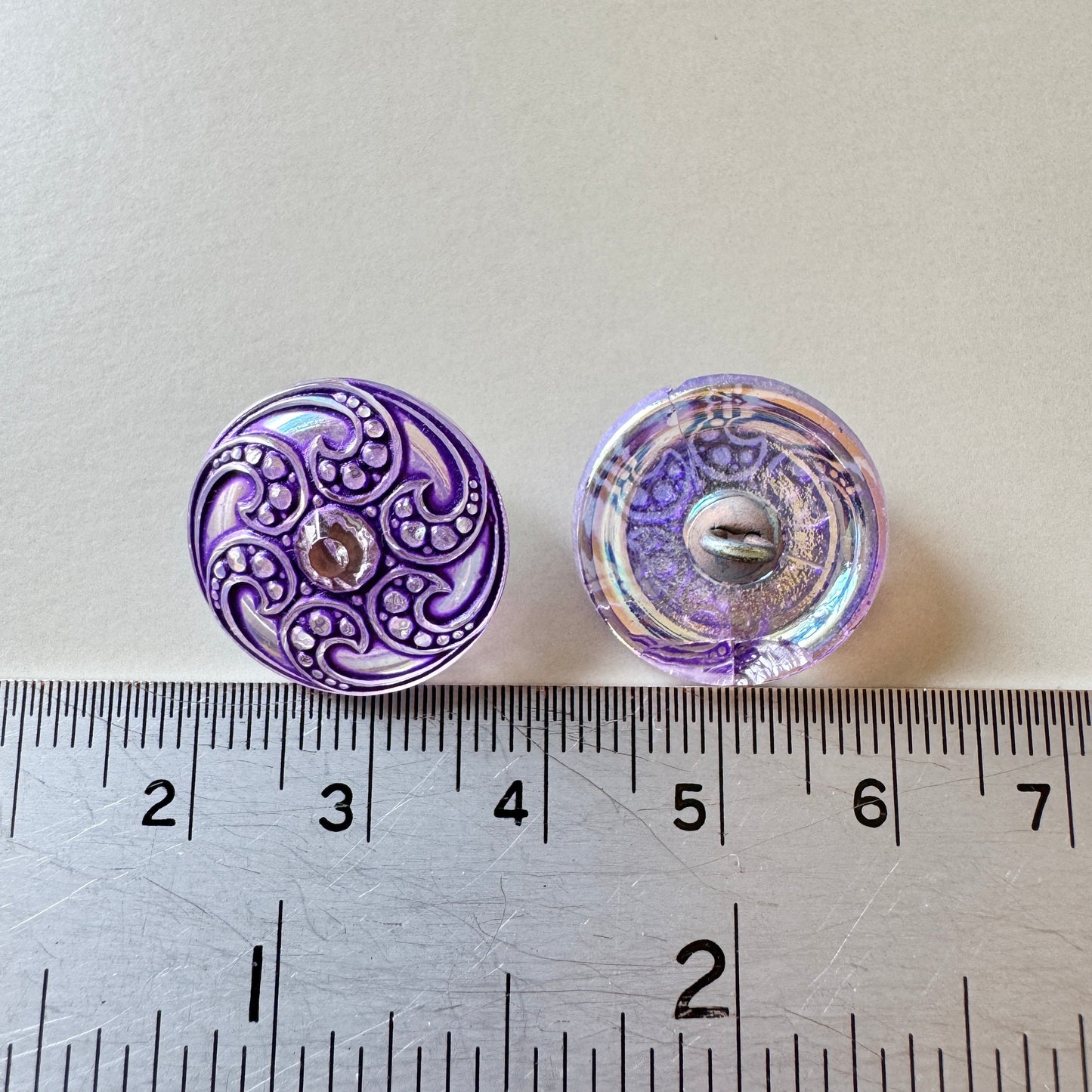 Czech Glass Button Scroll Purple/Silver 18mm