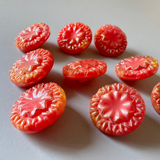 Czech Vintage Glass Button Sunburst Red/Orange 18mm