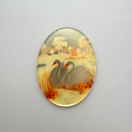 German Vintage Mirror Glass Decal Swan Picture Cameo 40x30mm
