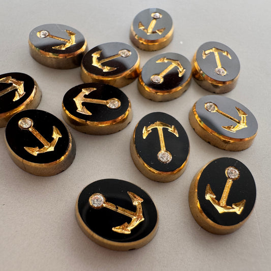 German Vintage Glass Intaglio Anchor with Chaton Cabochon Oval 10x8mm