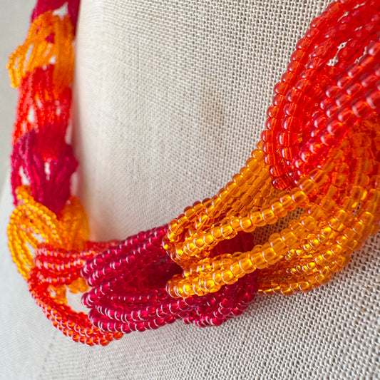 Preciosa Glass Braided Necklace Red Orange