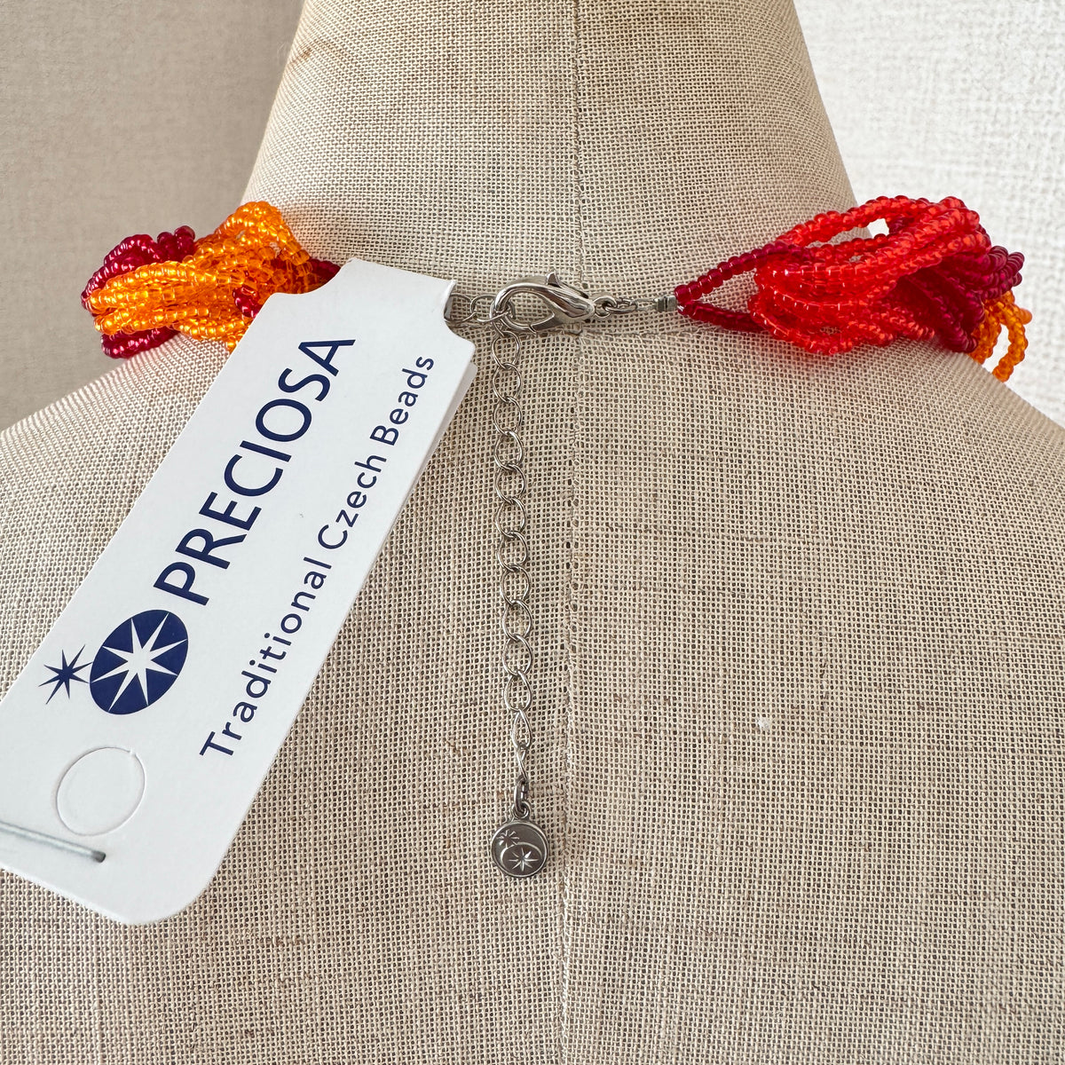 Preciosa Glass Braided Necklace Red Orange