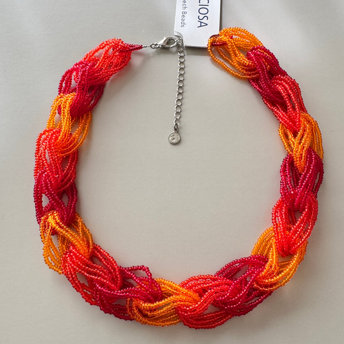 Preciosa Glass Braided Necklace Red Orange