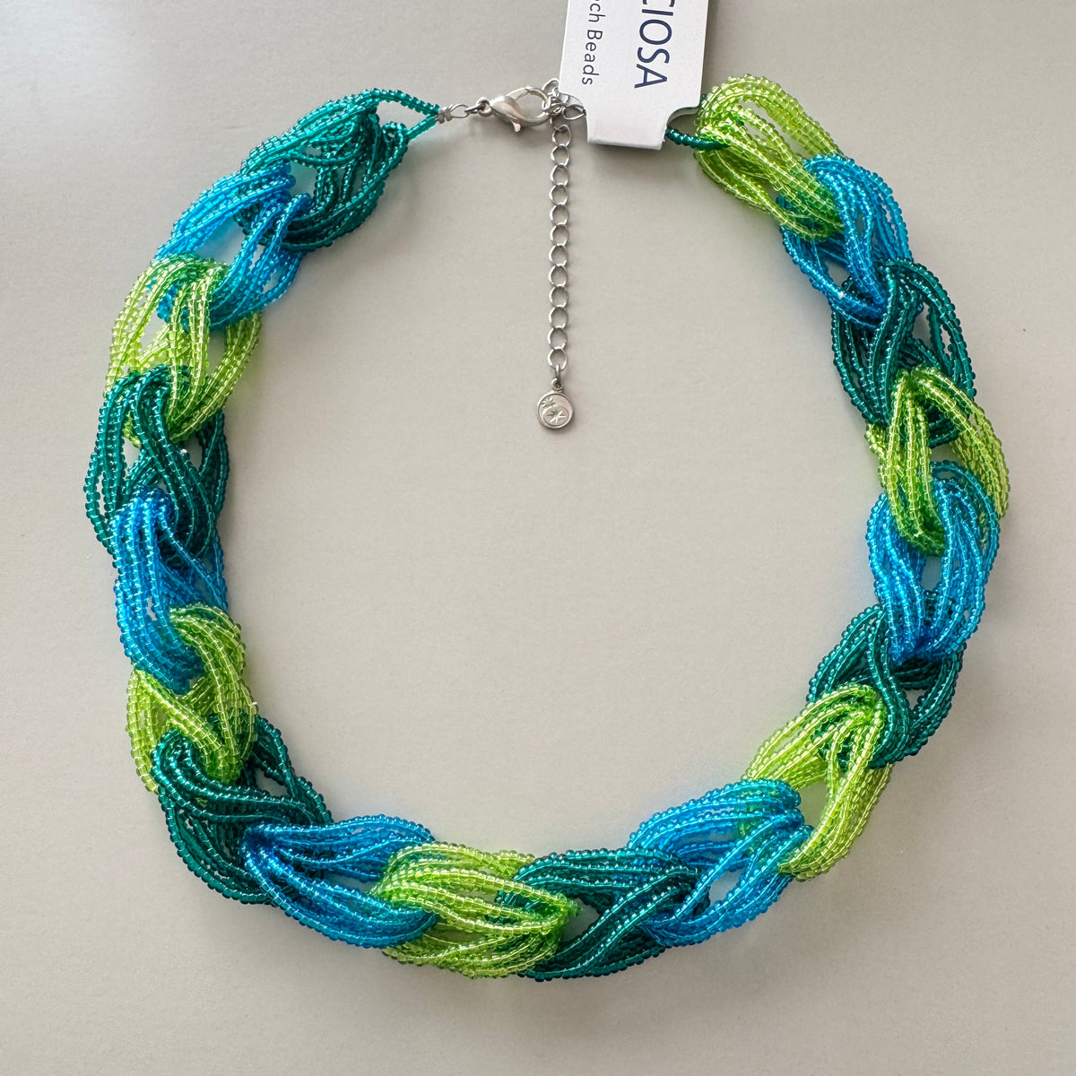 Preciosa Glass Braided Necklace Green Turquoise