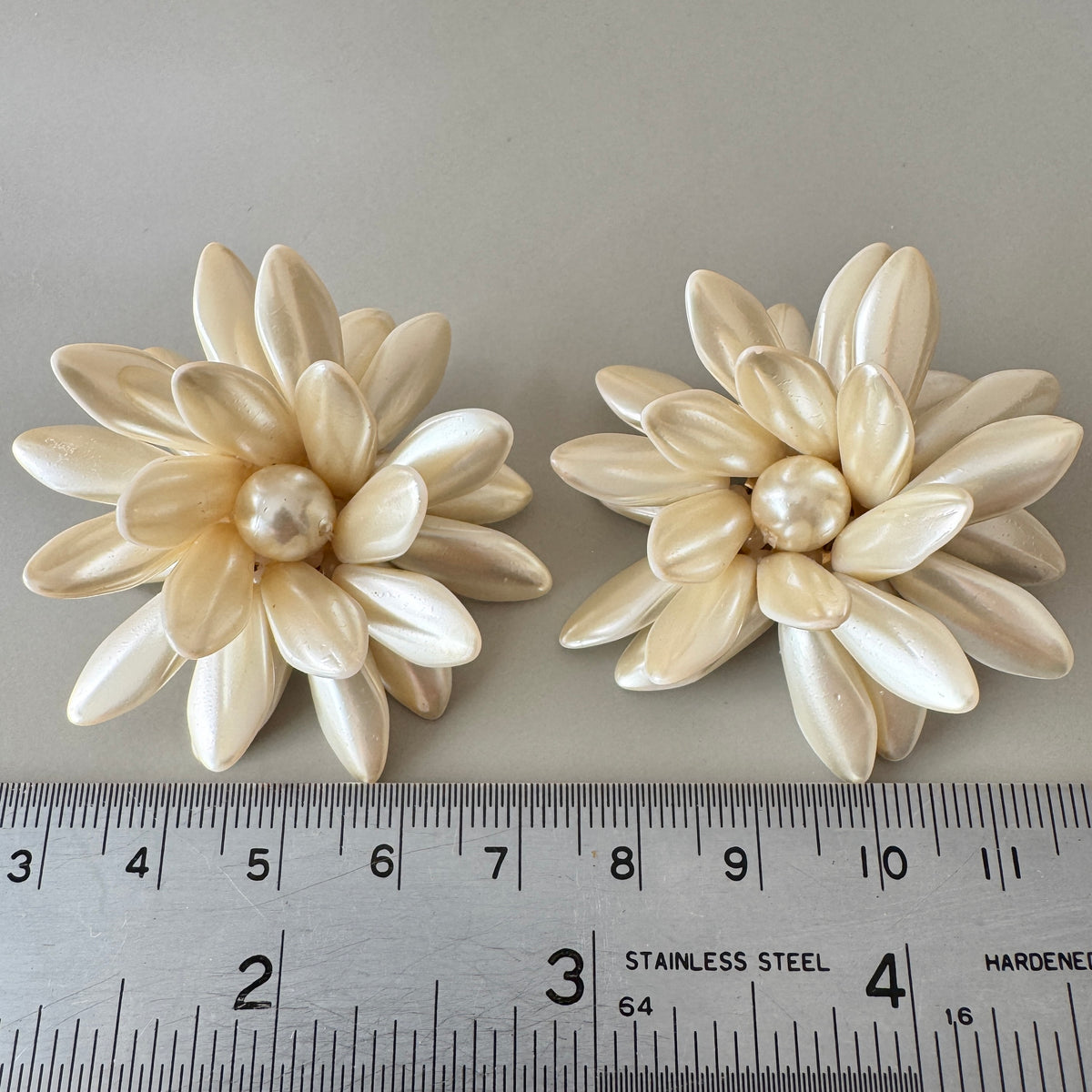 Czech Vintage Glass Pearl Flower Clip Earrings