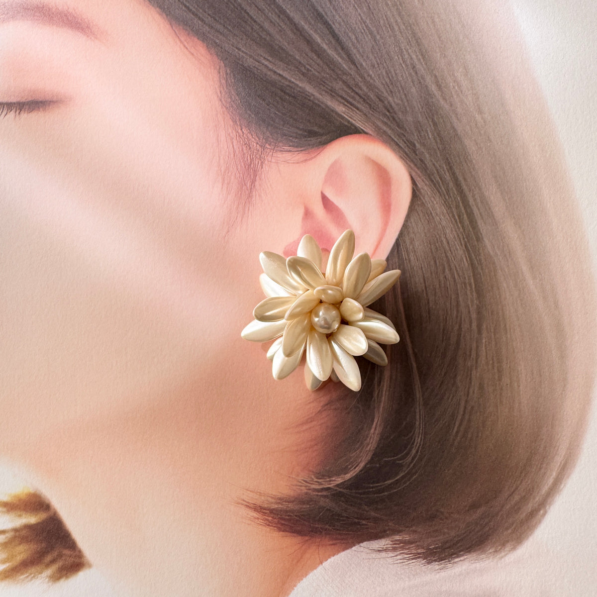 Czech Vintage Glass Pearl Flower Clip Earrings