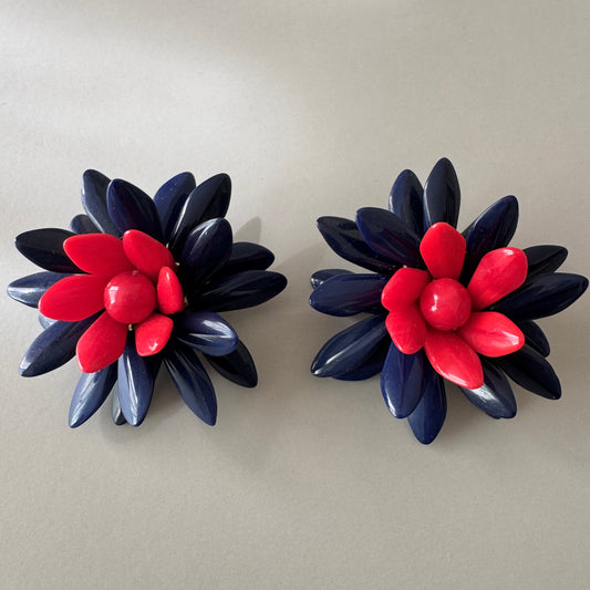 Czech Vintage Glass Flower Clip Earrings Navy Red