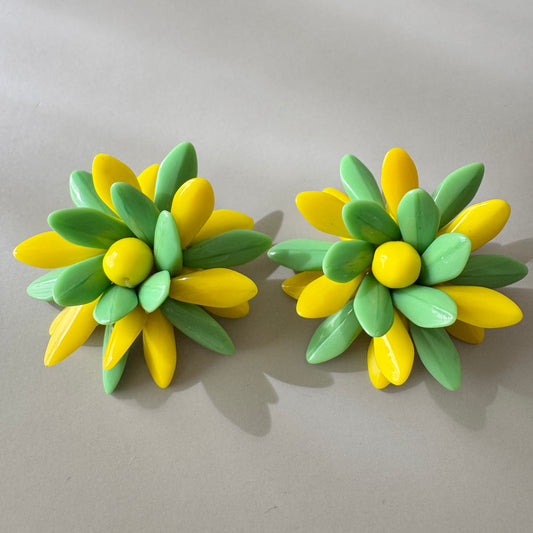Czech Vintage Glass Flower Clip Earrings Green Yellow