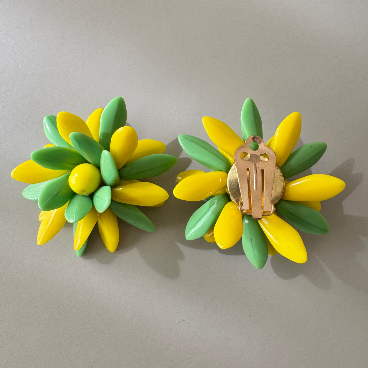 Czech Vintage Glass Flower Clip Earrings Green Yellow