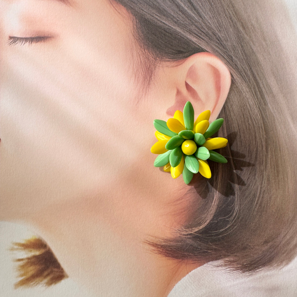 Czech Vintage Glass Flower Clip Earrings Green Yellow