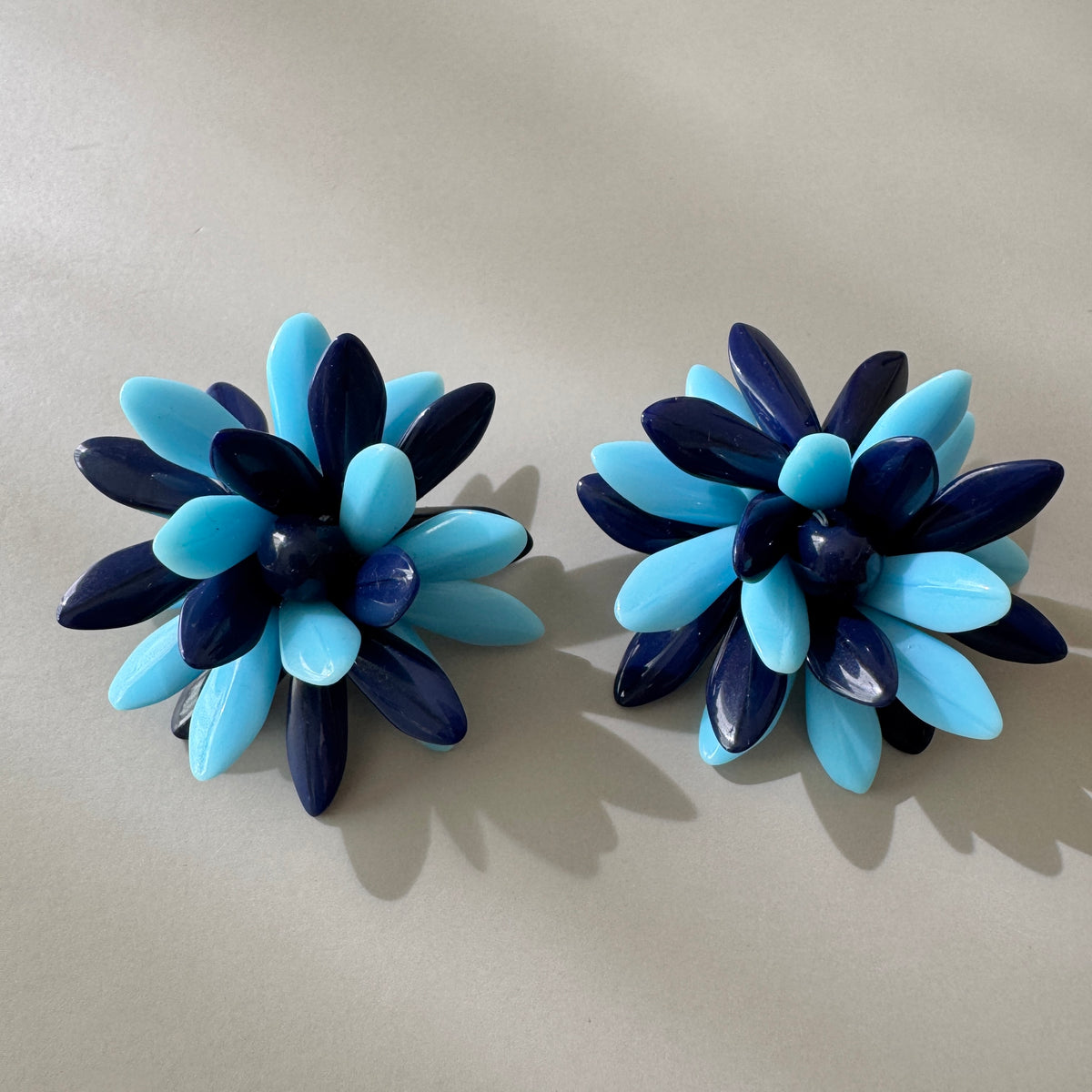 Czech Vintage Glass Flower Clip Earrings Navy Blue