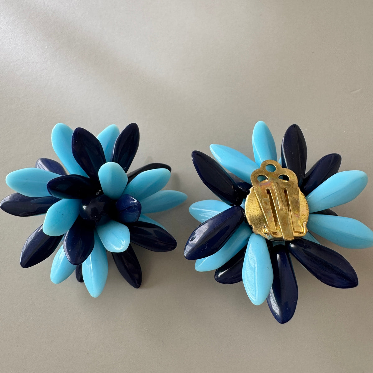 Czech Vintage Glass Flower Clip Earrings Navy Blue
