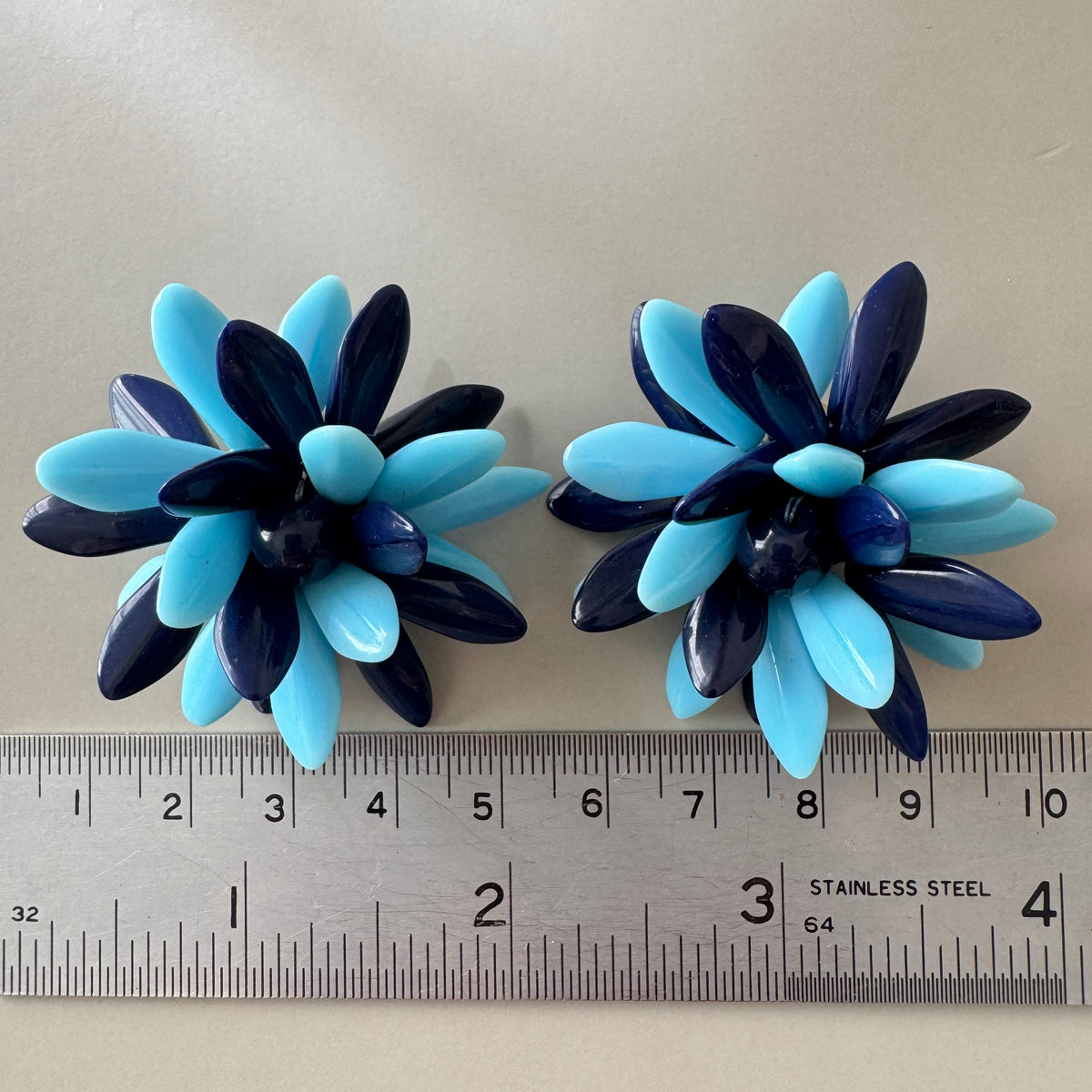Czech Vintage Glass Flower Clip Earrings Navy Blue
